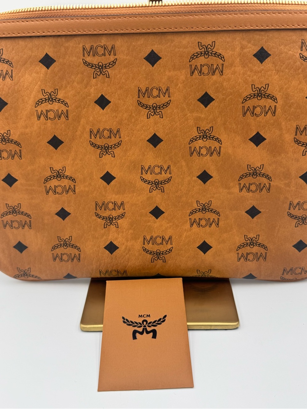 MCM Cognac Visetos Logo Zip Shoulder Bag/Pouch COA NWOT - Picture 8 of 10